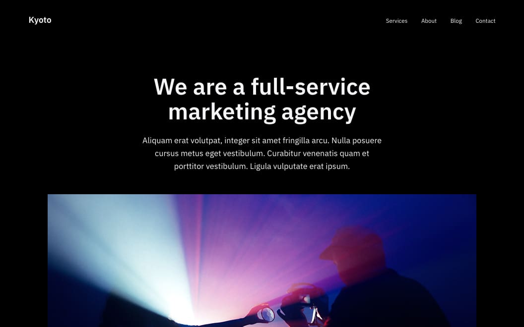 Marketing agency starter site with a bold, dark aesthetic for service promotion.