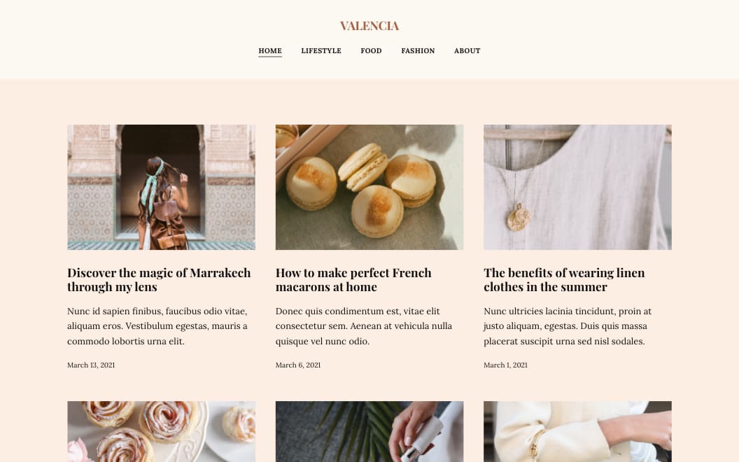 Lifestyle blog starter site with a refined magazine-style grid layout.
