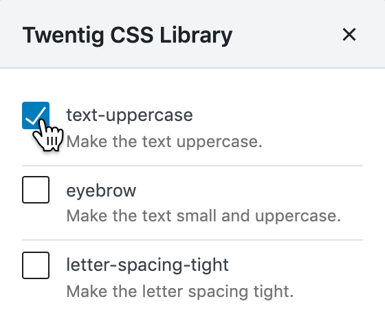 Screenshot of the Twentig CSS Library showing how to add a predefined class.