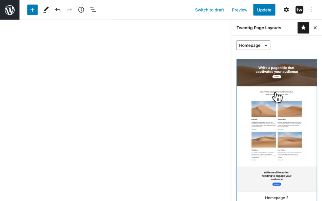 Screenshot of the block editor showing how to insert a page layout.