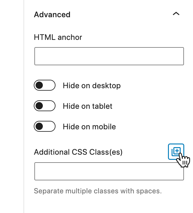 Screenshot of the Advanced panel showing how to open the Twentig CSS Library.