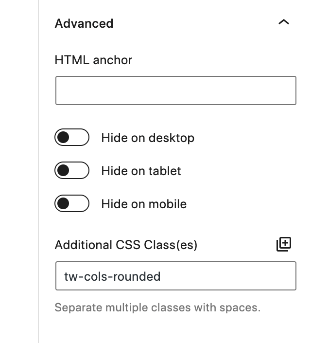 Screenshot of a predefined class added to the Additional CSS Class(es) field.