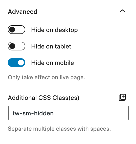 Screenshot of the Advanced panel featuring the responsive visibility settings.