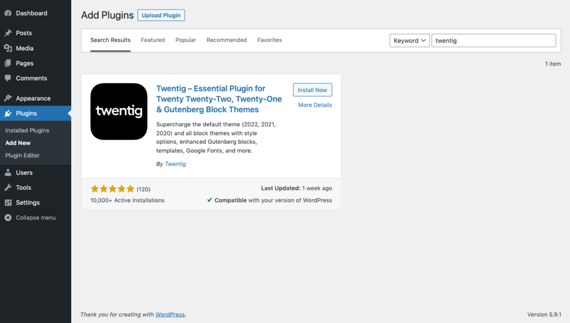 Screenshot of the WordPress dashboard showing where to install the Twentig plugin.