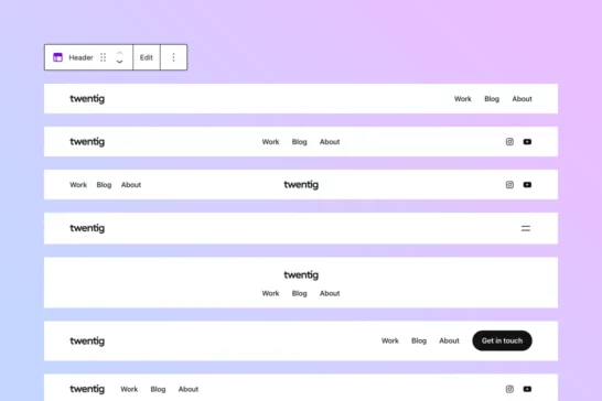 A selection of ready-made header patterns available in the Twentig plugin.