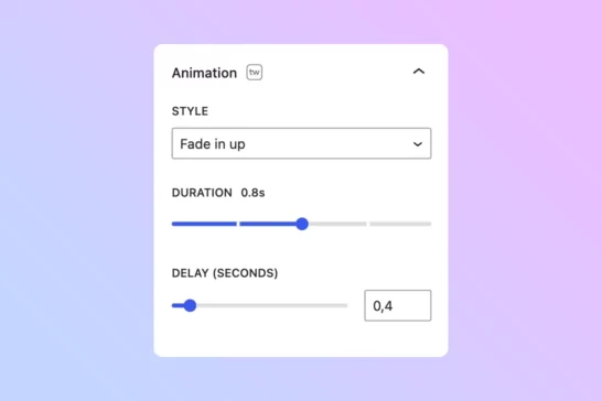 The animation panel that allows you to animate the WordPress blocks with styles such as “Fade in up”.