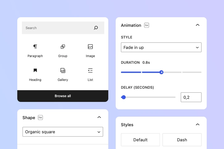 Examples of block setting panels added by the Twentig plugin within the WordPress block editor.