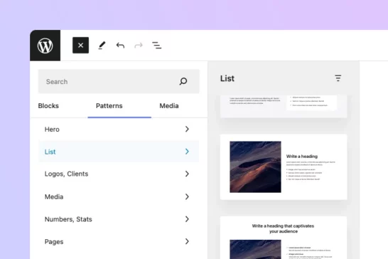Multiple Twentig patterns displayed by categories within the block inserter.