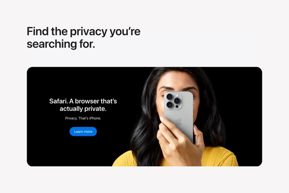 Apple's call-to-action for Safari, shown as a large linked Cover block featuring a woman holding an iPhone.