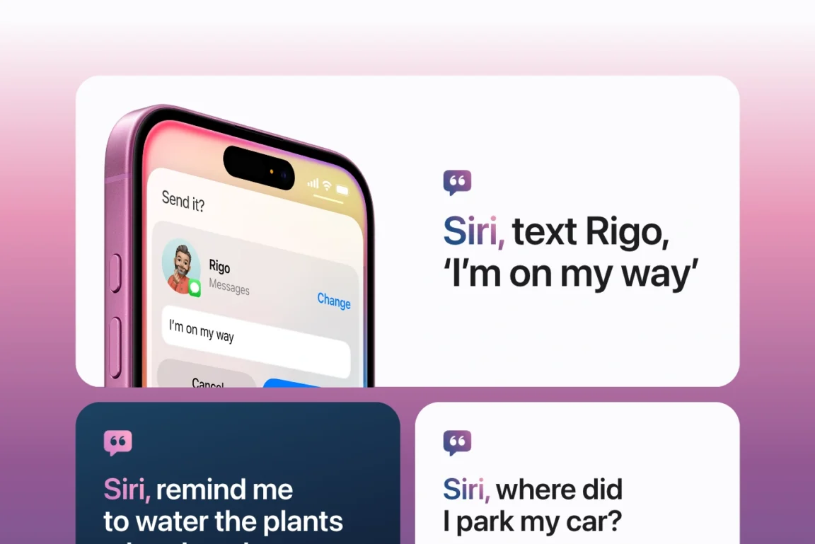 A layout from Apple's Siri page showing headings with colorful gradient text placed inside a full-width section with a subtle background gradient.