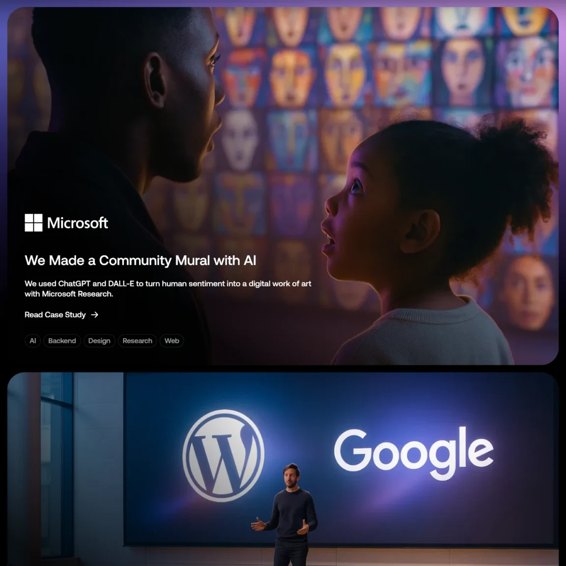 Fueled's portfolio uses a WordPress Cover block as a link to showcase projects for clients like Microsoft and Google.