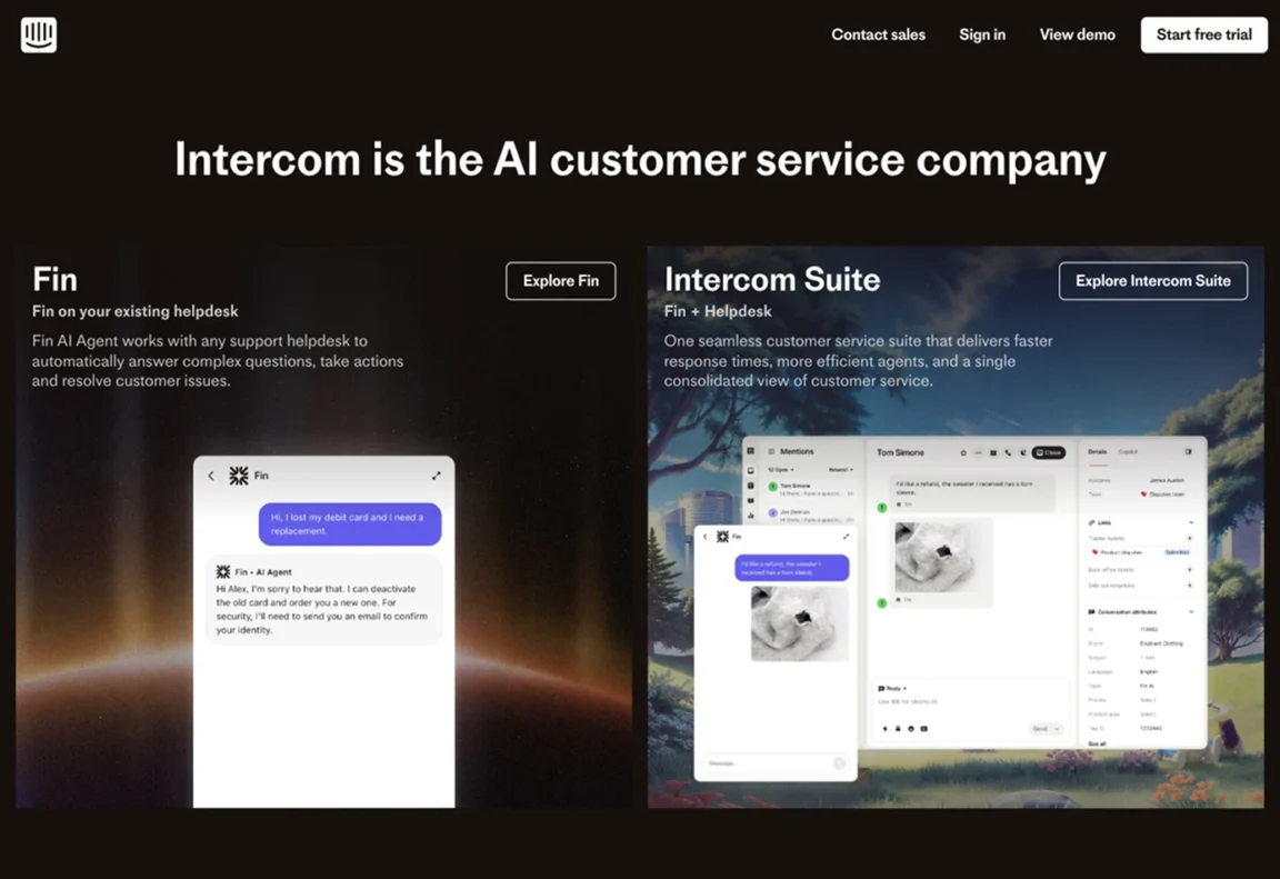 The Intercom homepage featuring two large, side-by-side cover sections for its products, "Fin" and "Intercom Suite".