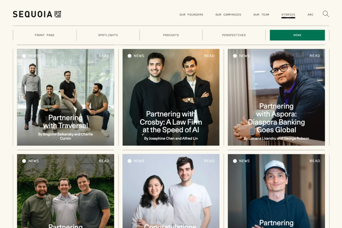 The Sequoia Capital news page showing a grid of articles, each displayed as a cover card with featured image and title.