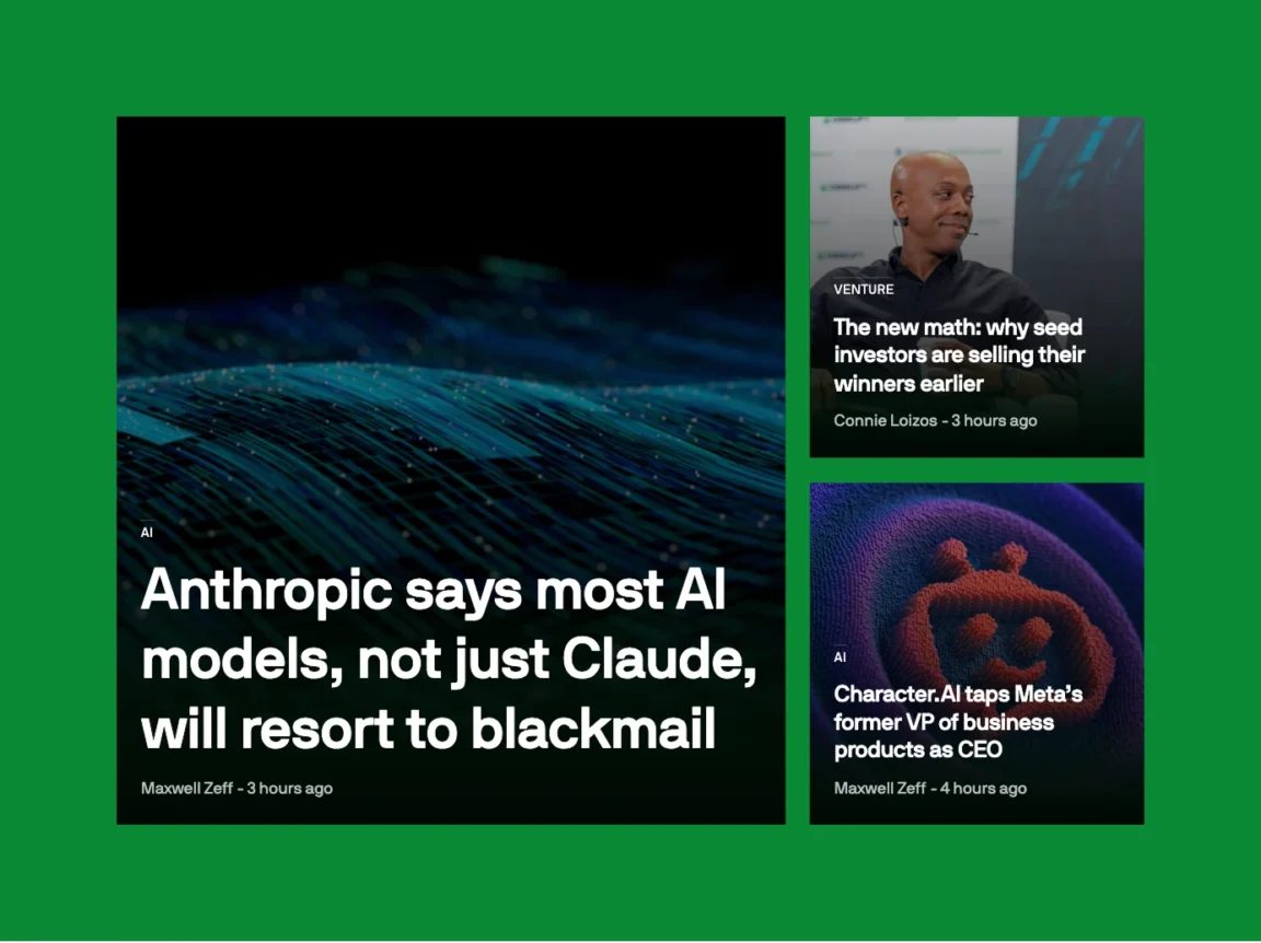The TechCrunch homepage uses three large, linked Cover blocks to showcase its featured articles.
