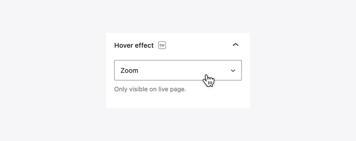 The hover effect dropdown control added by Twentig inside the Cover block settings sidebar.