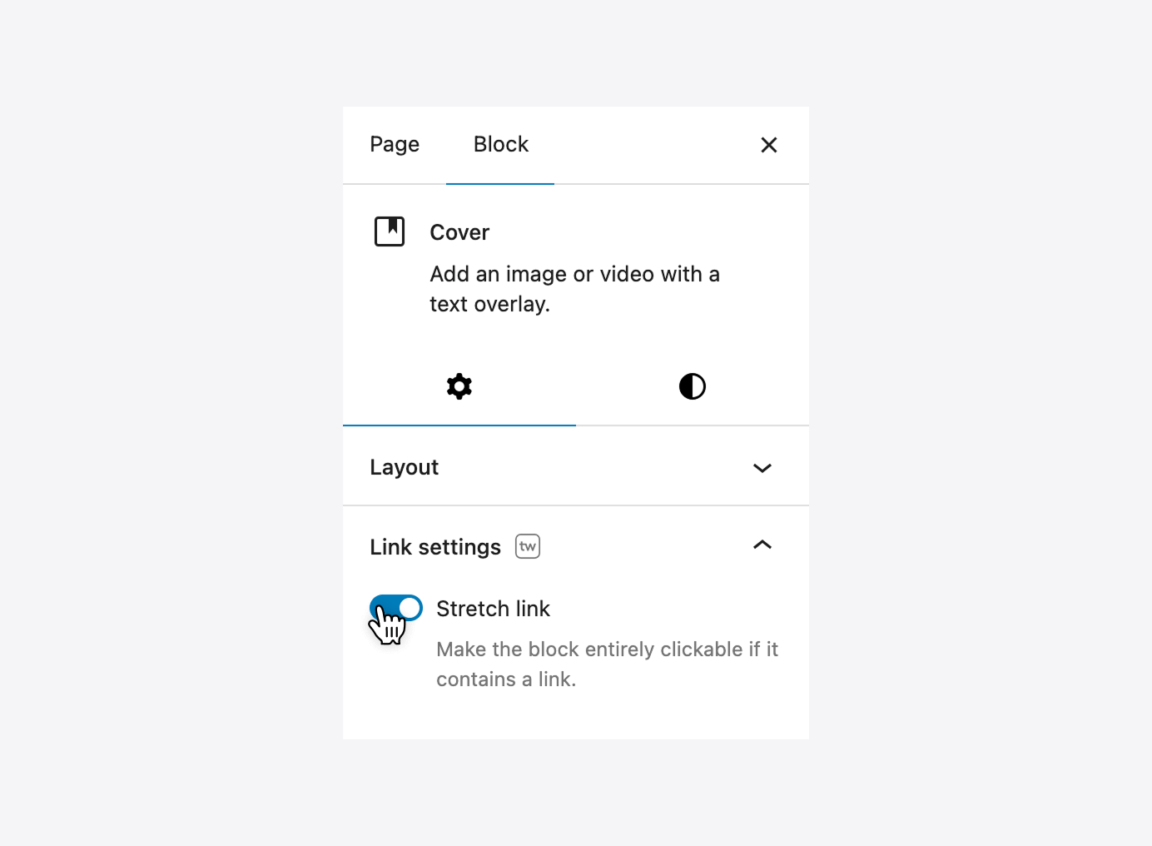 The “Stretch link” option for the Cover block being enabled in the WordPress block settings sidebar.
