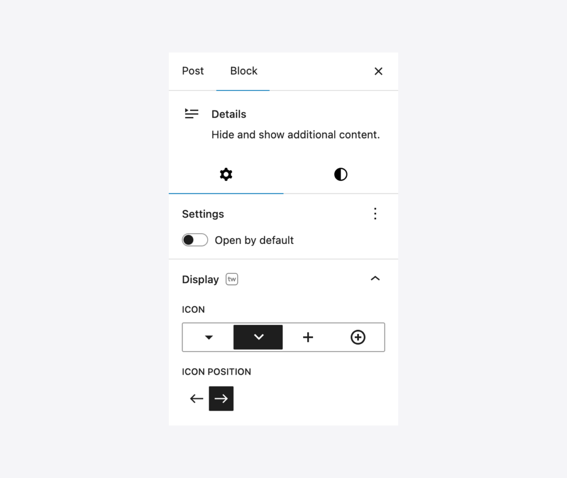 Twentig panel settings for customizing the icon of the Details block to create a WordPress accordion block.