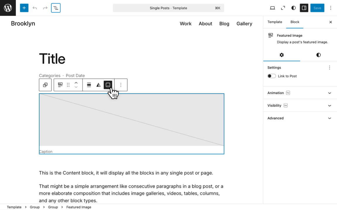The WordPress editor showing the Featured Image block with the "Add caption" icon selected in the block toolbar.