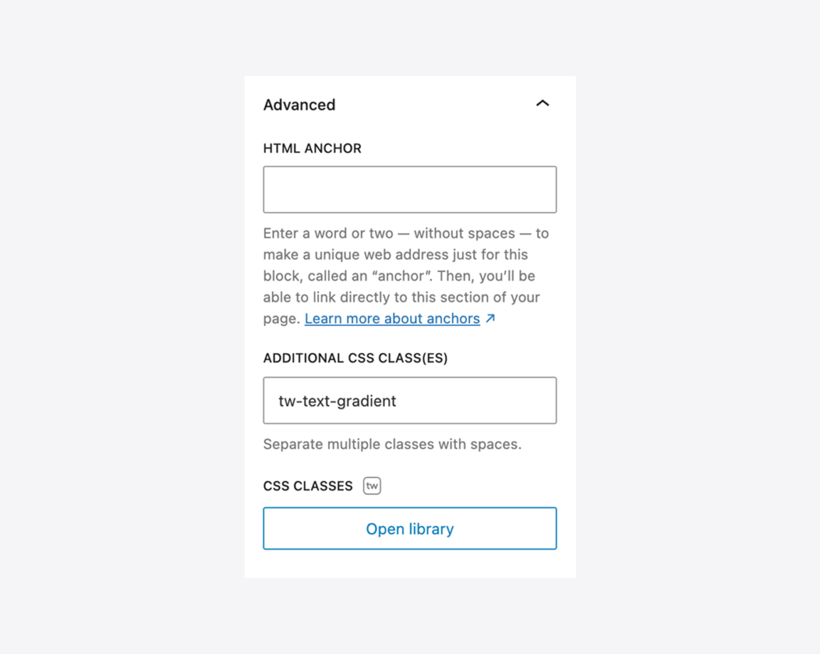 The advanced settings panel in the WordPress block editor with the class tw-text-gradient added to the "Additional CSS Class(es)" field.