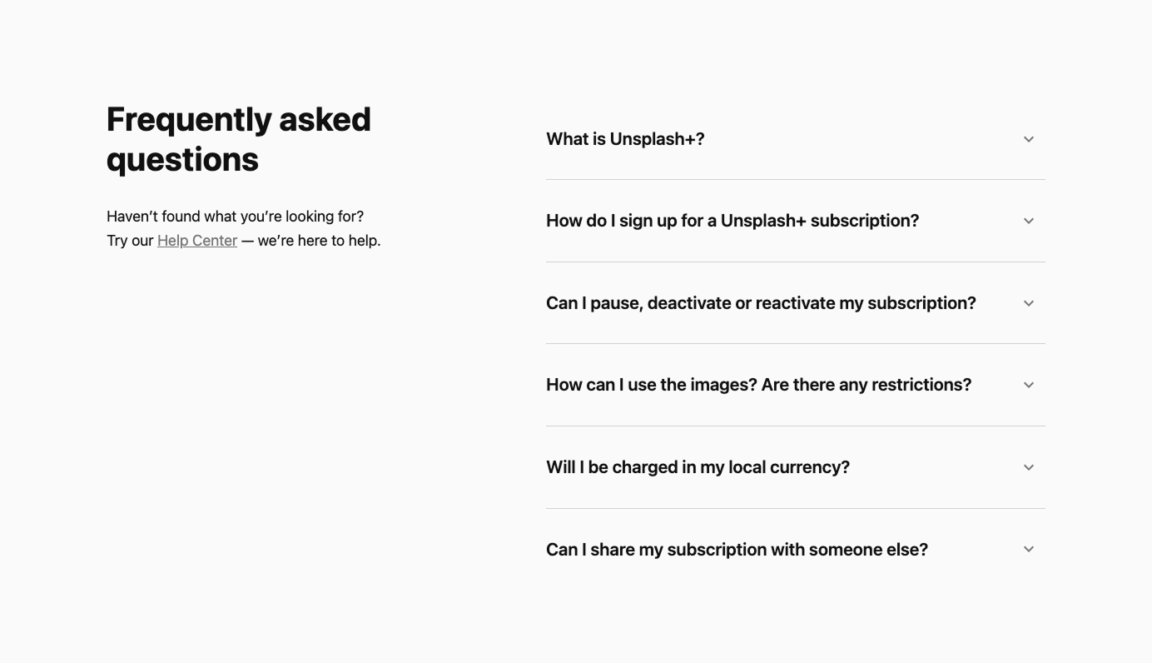 The Unsplash FAQ page, using Details blocks with custom icons to create a clean accordion for questions and answers.