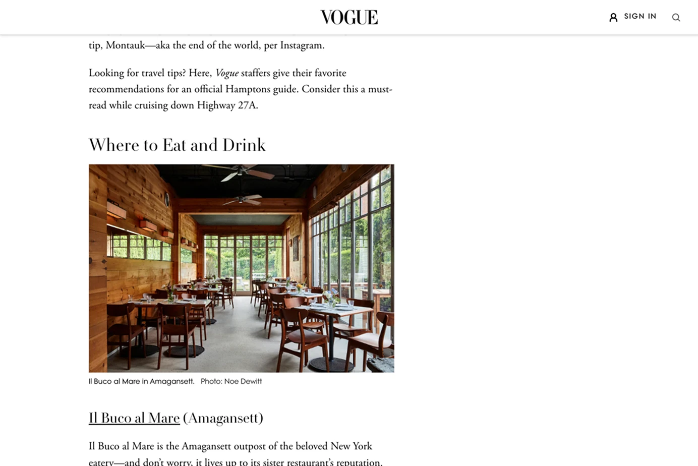 An article on the Vogue website featuring an image of a restaurant interior with a descriptive caption and photo credit.