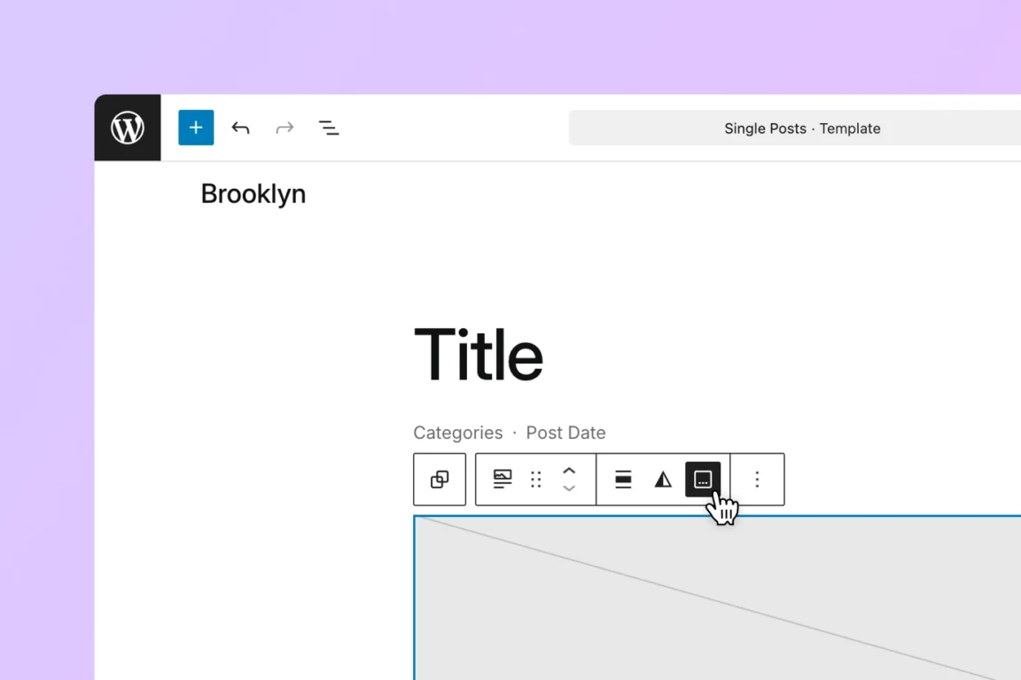 The WordPress site editor showing the caption control for the Featured Image block within the Single Posts template.