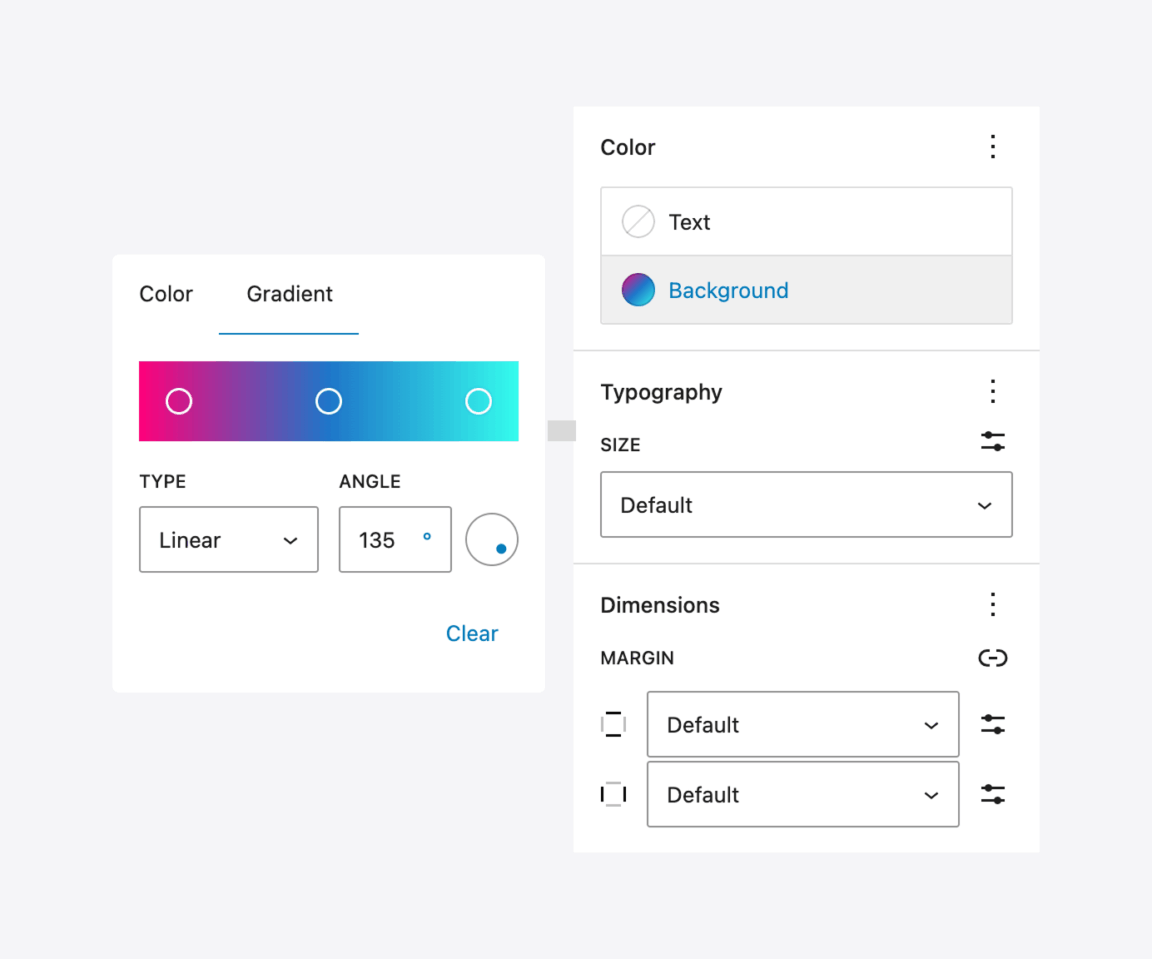 The WordPress gradient controls set to create a three-color linear text gradient at a 135-degree angle.