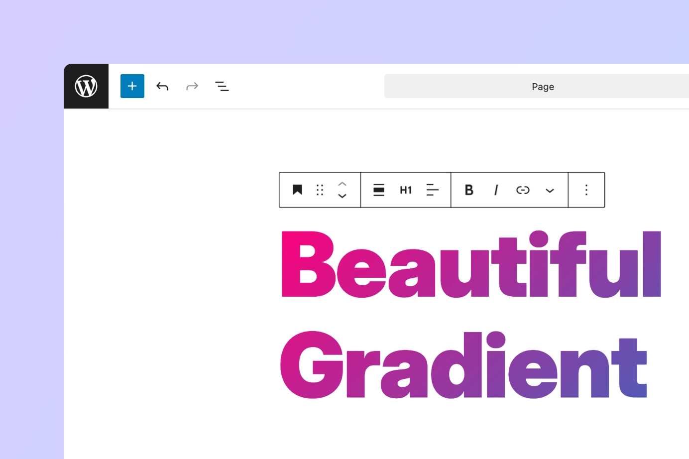 A heading with the words "Beautiful Gradient" displaying a pink and purple gradient text within the WordPress block editor.