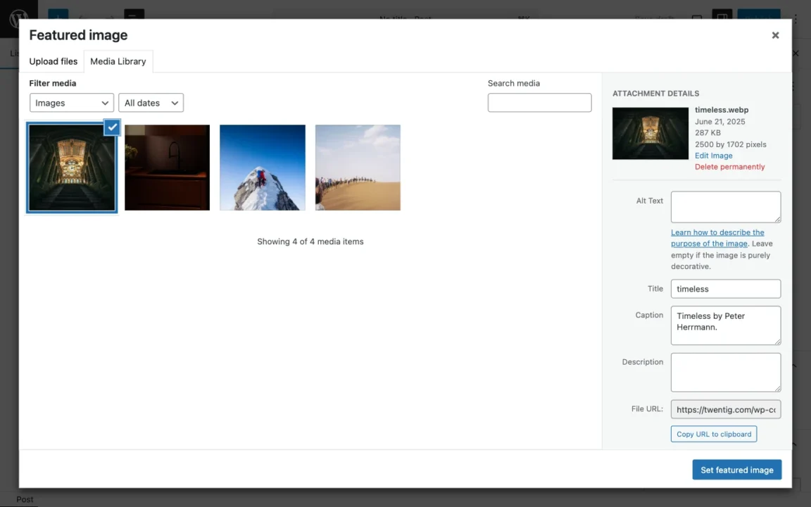 The WordPress Media Library with the Caption field filled out in the attachment details sidebar for a selected featured image.