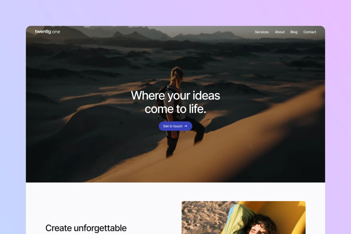 A WordPress website you can create with the Twentig One theme, showcasing a transparent header over a full-width hero image.
