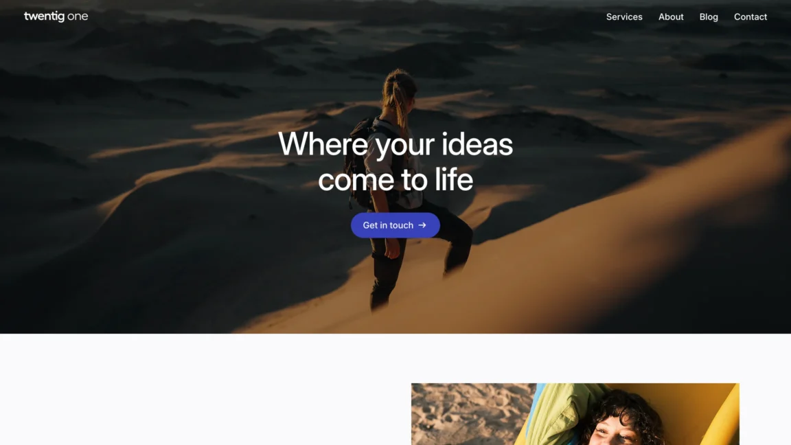 Website example built with the Twentig One WordPress block theme, featuring a transparent header over a hero image.
