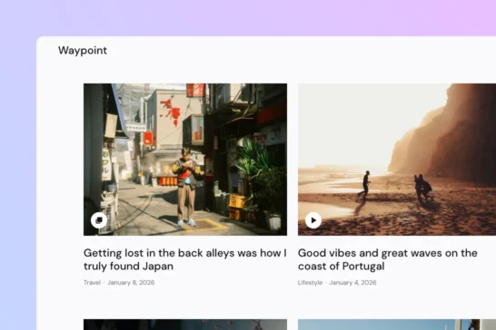 Blog grid layout with post format icons for gallery and video content.