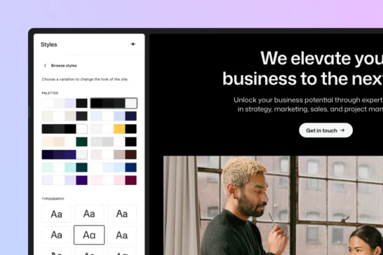 The styles panel showing curated color palettes and typography presets for the Twentig One theme.