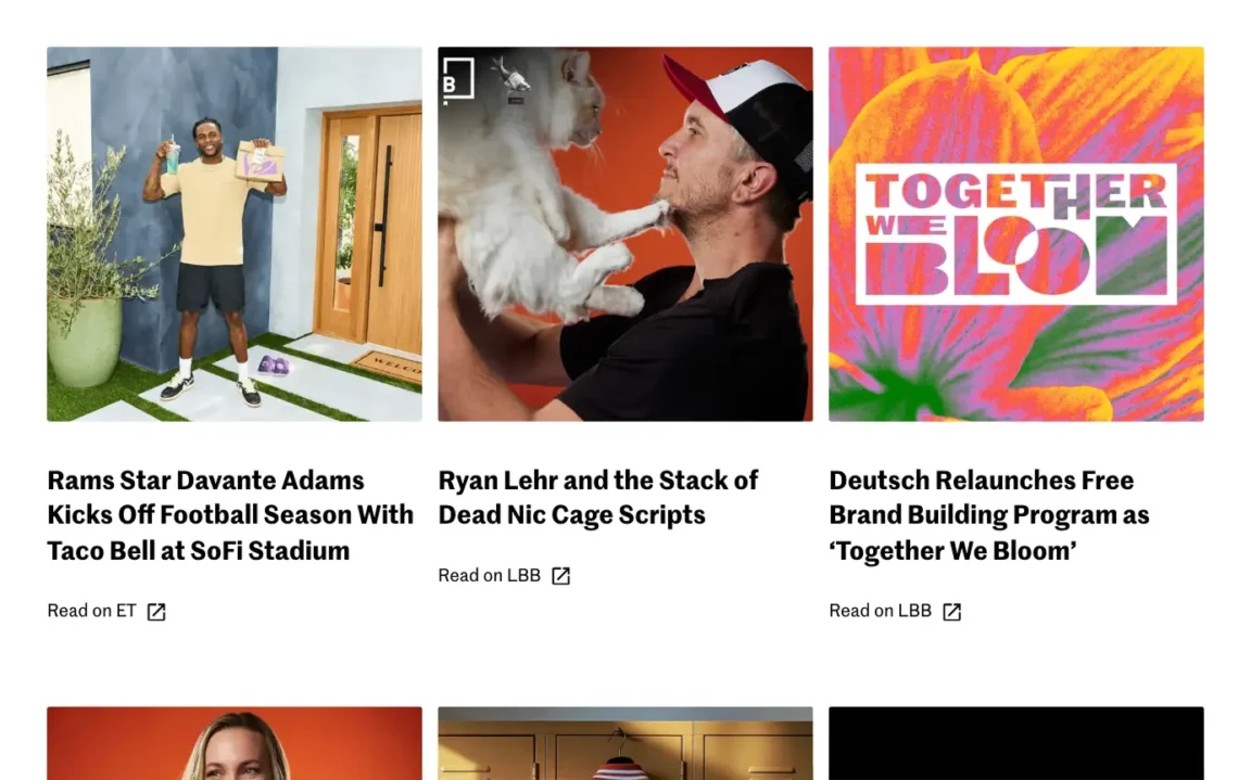 Deutsch news page showing article grid with external link icons next to “Read on” links.