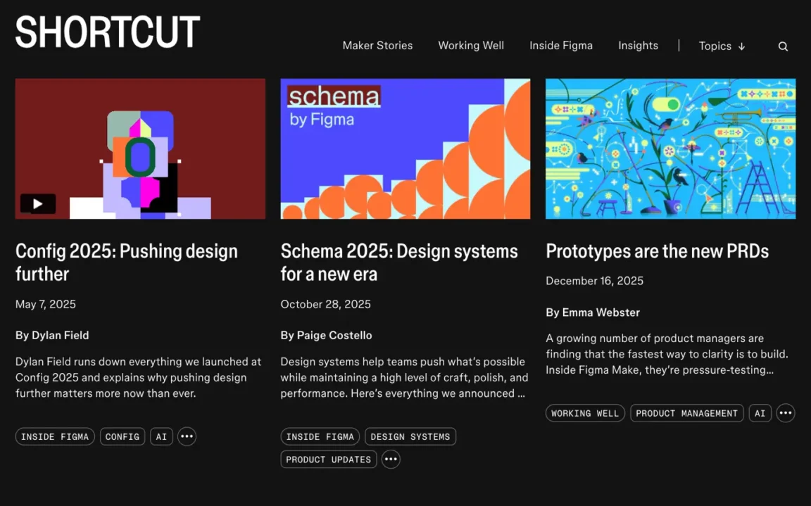 Figma blog grid showing the "Config 2025" article featuring a video player as the main visual.