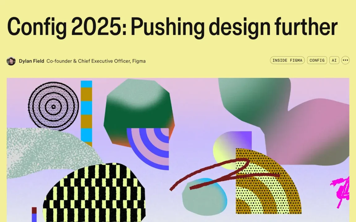 Figma Config 2025 article displaying video player showing colorful geometric visuals.