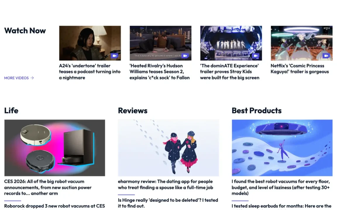 Mashable video section showing video posts in grid layout with play icons over thumbnails.