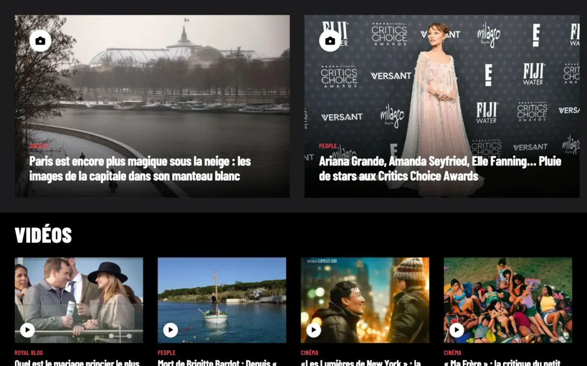 Paris Match homepage displaying a carousel of gallery posts and a video section with format indicator icons