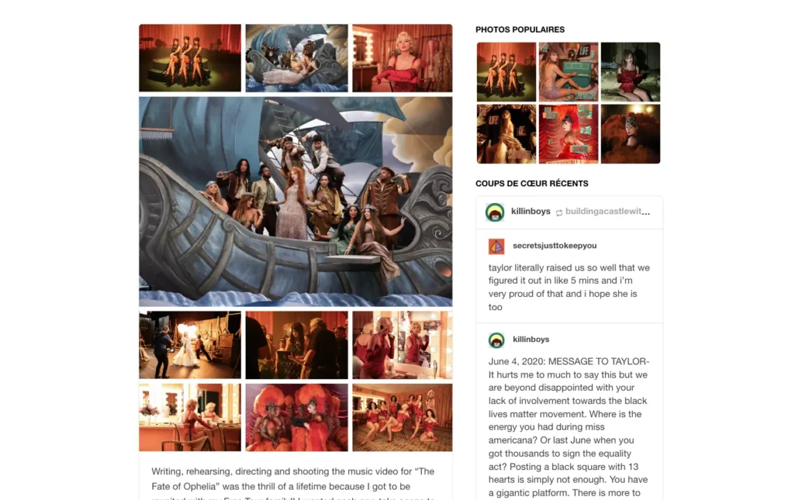 Taylor Swift's Tumblr post feed showing behind-the-scenes music video in photo grid thumbnails.