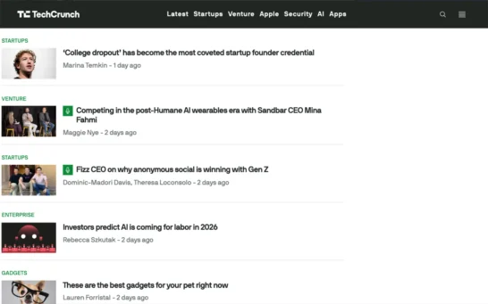 TechCrunch WordPress site showing audio post format with green microphone icons on two articles.