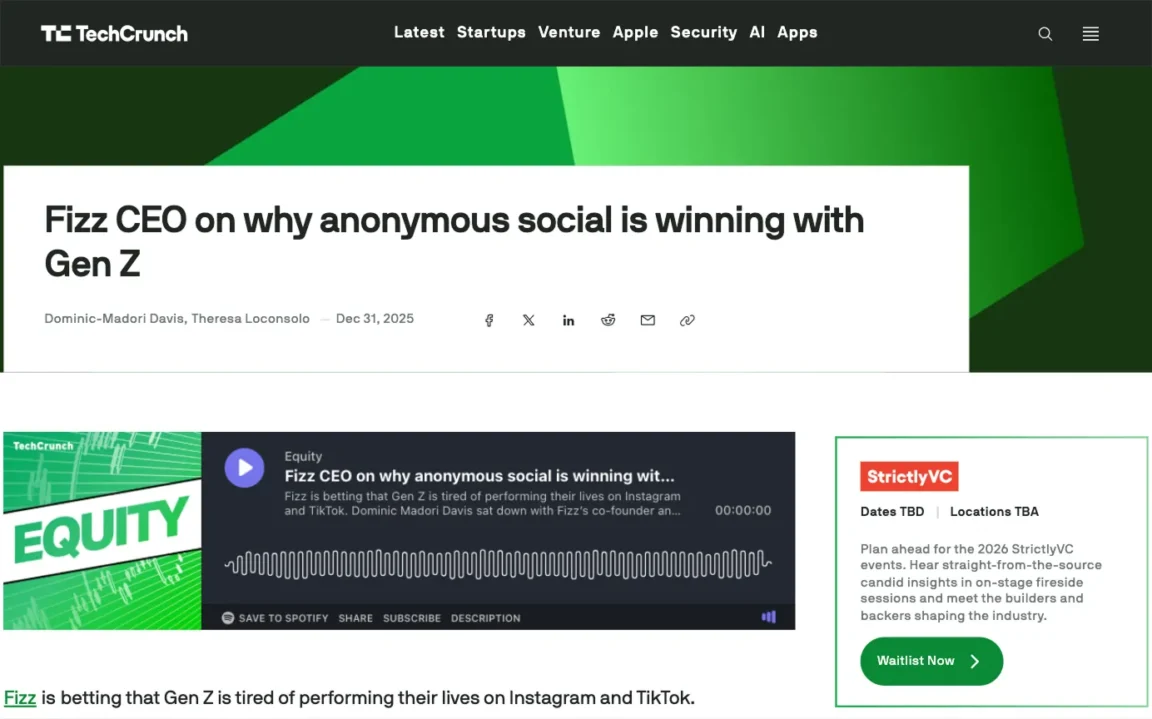 TechCrunch article displaying Equity podcast player with waveform visualization and playback controls.
