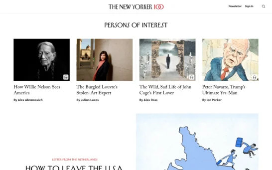 The New Yorker Persons of Interest section displaying articles with headset icons on featured thumbnails.