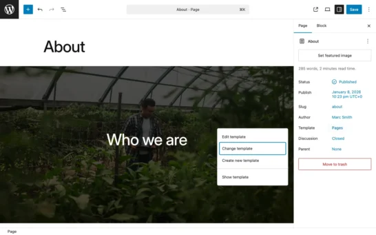 WordPress page settings sidebar showing template dropdown with Change template option highlighted.