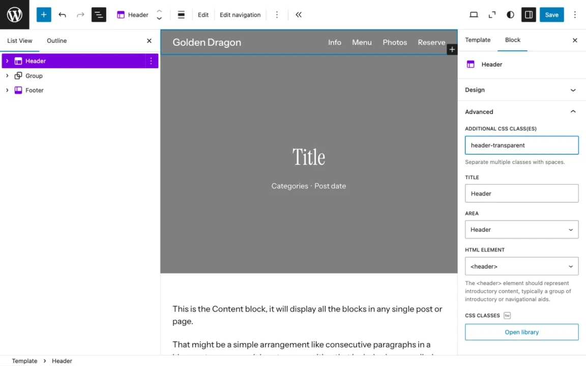 WordPress Site Editor showing header-transparent CSS class in Advanced panel of Header template part.