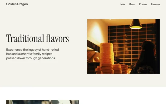 WordPress transparent header with dark text over light beige hero section background.