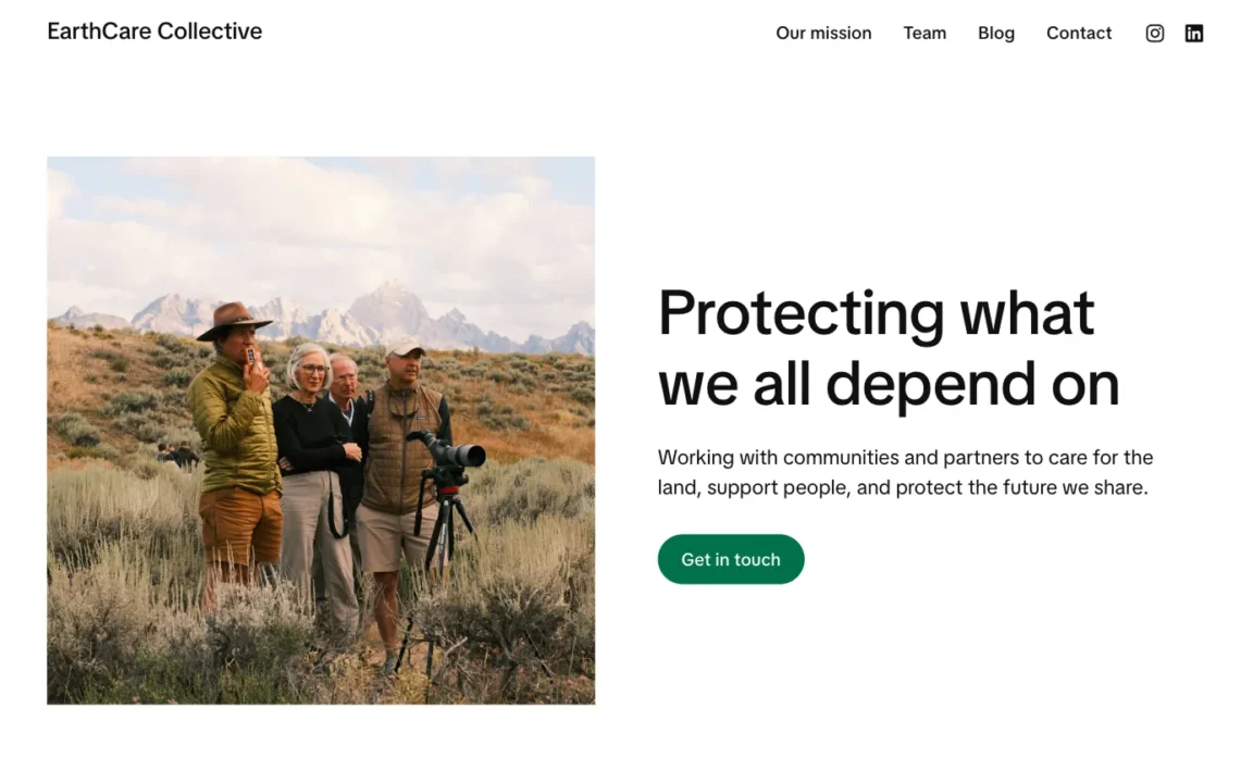 Twentig One default template showing custom hero section with image on the left and content on the right.