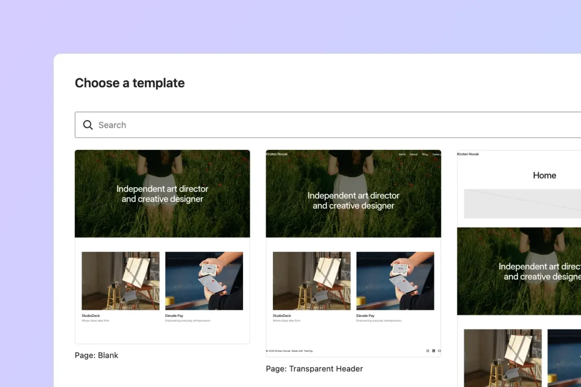 Twentig One page templates selection screen showing Blank and Transparent Header template previews.