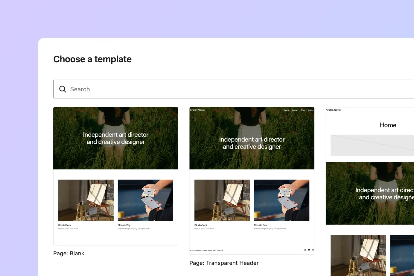 Twentig One page templates selection screen showing Blank and Transparent Header template previews.