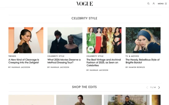 Vogue Celebrity Style section with gallery icon overlay on fashion article thumbnails.