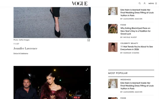 Vogue single article page showing celebrities within a scrollable photo gallery.